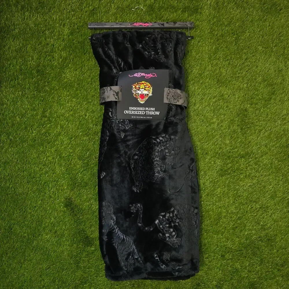 Ed Hardy AOP Black Embossed Printed Plush Throw Blanket Size 60x70 New
